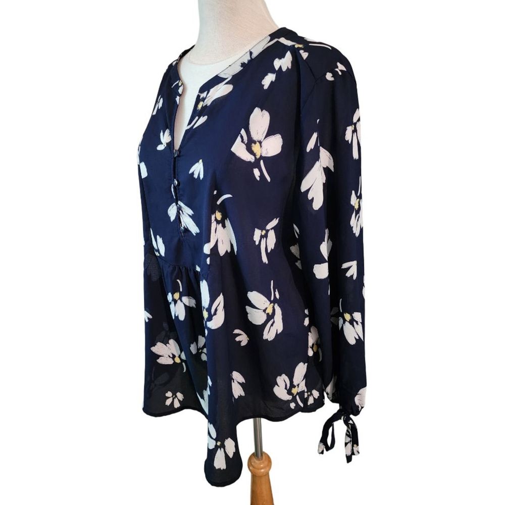 Liz Claiborne XL Navy Blue Floral Blouse Long Sleeve Tie Cuffs Button Front Boho - Picture 5 of 13